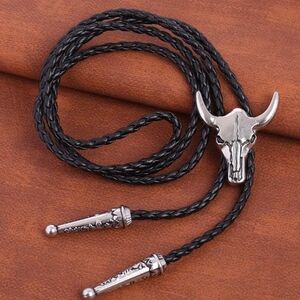 Western Black and Silver Steer Head Bolo Tie Cowboy Biker Rodeo Gift